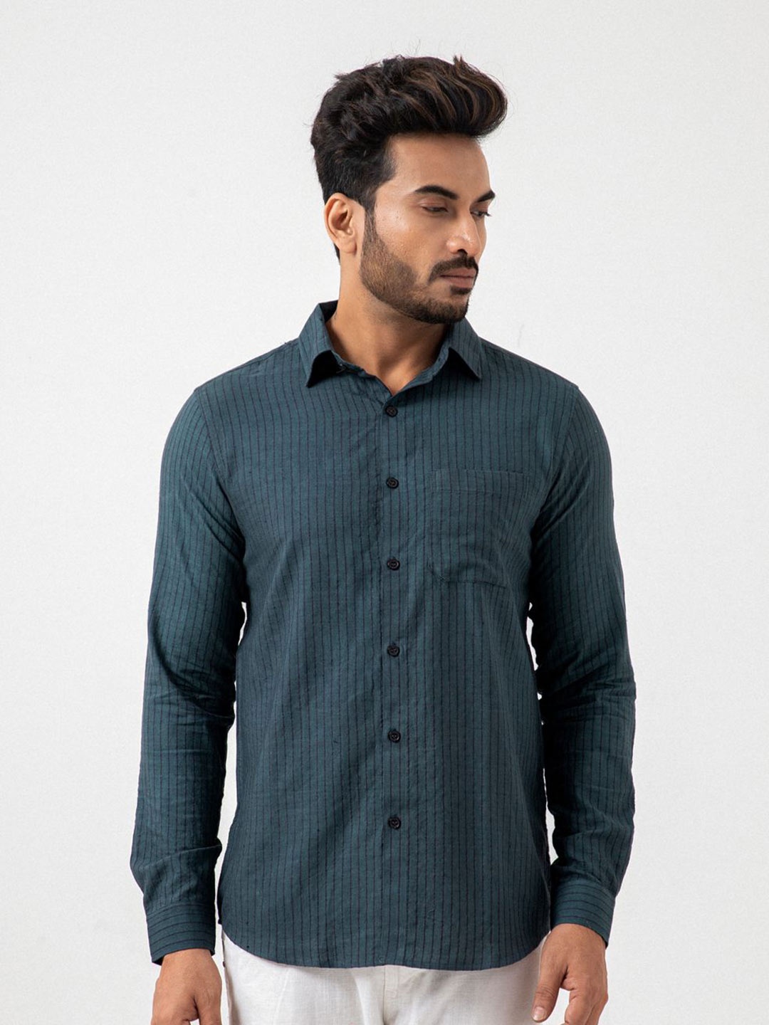 

TRYBEST Men Modern Fit Spread Collar Vertical Striped Cotton Casual Shirt, Teal