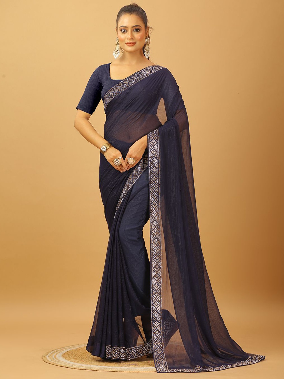 

VIRENDRA TEXTILES Beads and Stones Pure Chiffon Saree, Navy blue