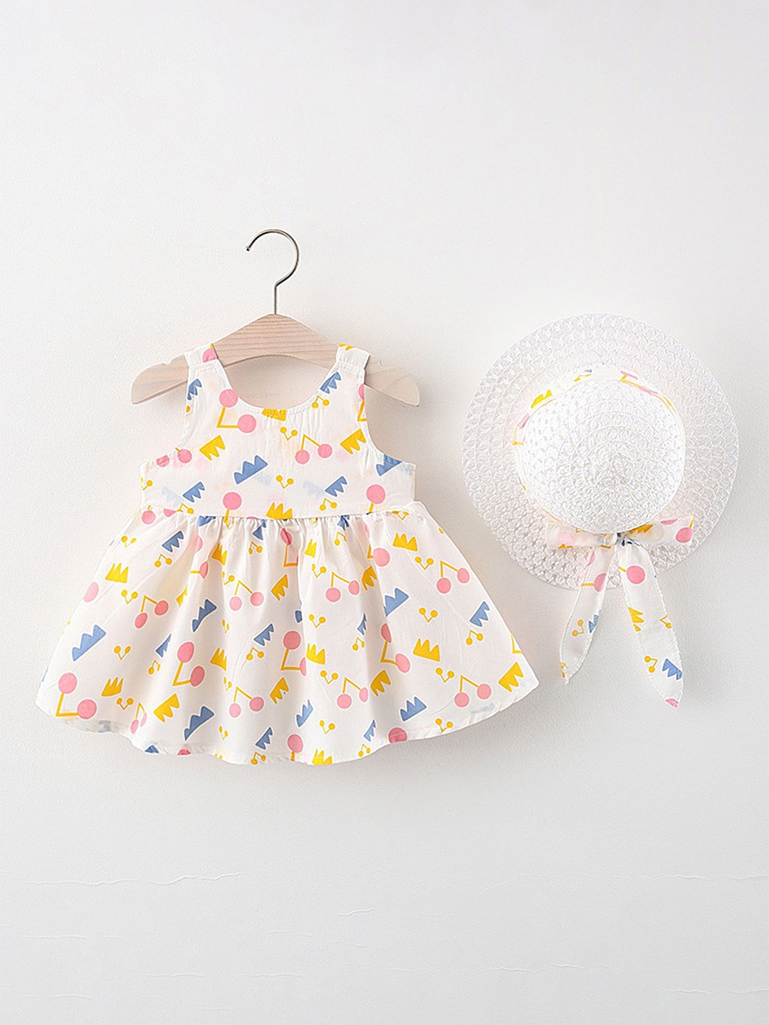 

LULU & SKY Girls Printed Shoulder Straps Fit & Flare Dress With Hat, White