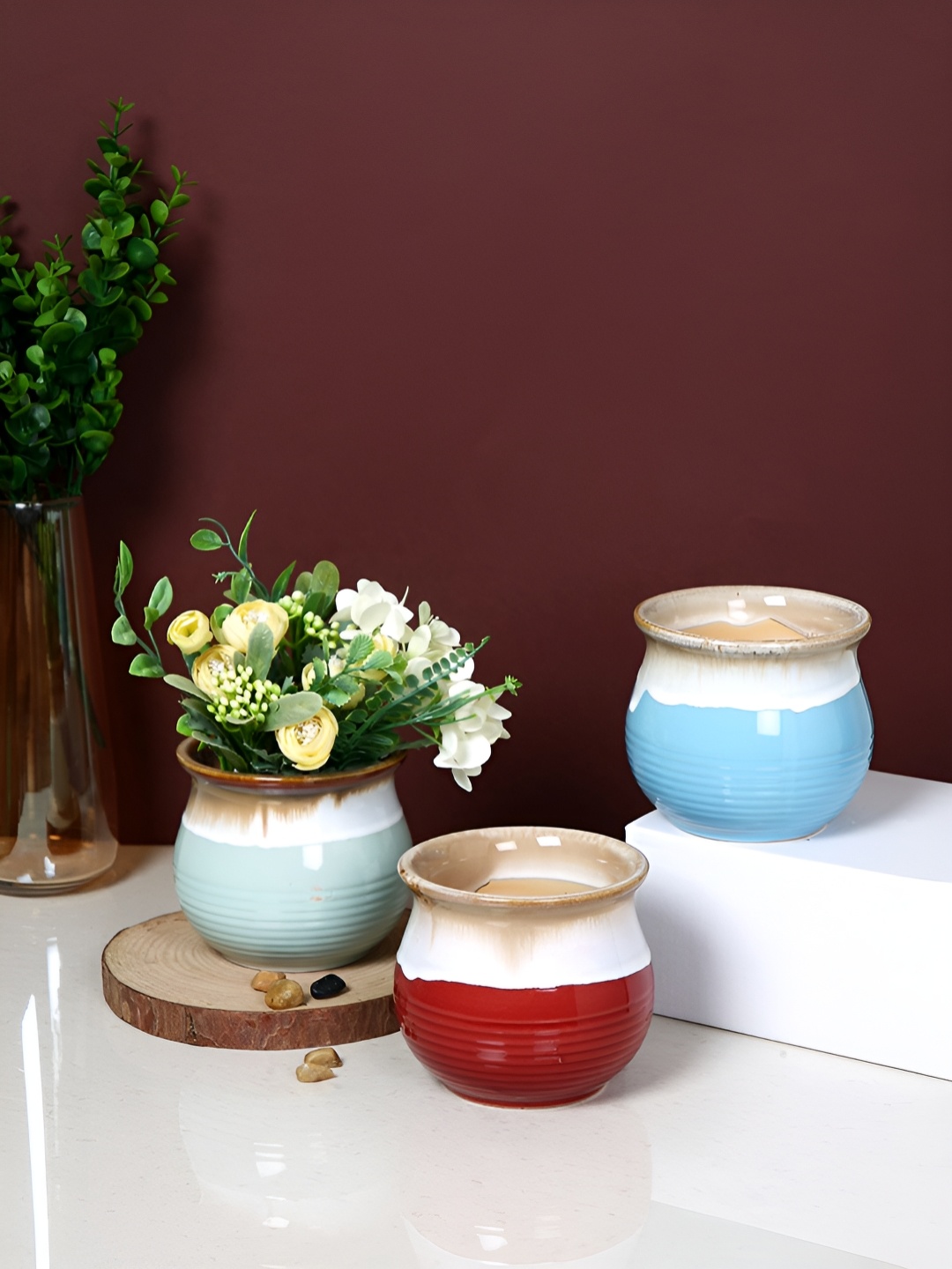 

TAYHAA Rustic Glaze White & Blue 3 Pieces Ceramic Flower Planters
