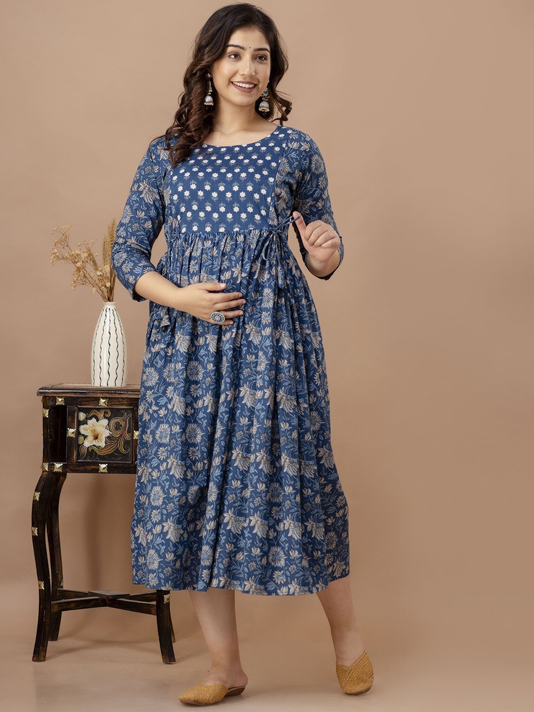 

SILAKIVA Floral Printed Round Neck Maternity Anarkali Ethnic Dress, Blue