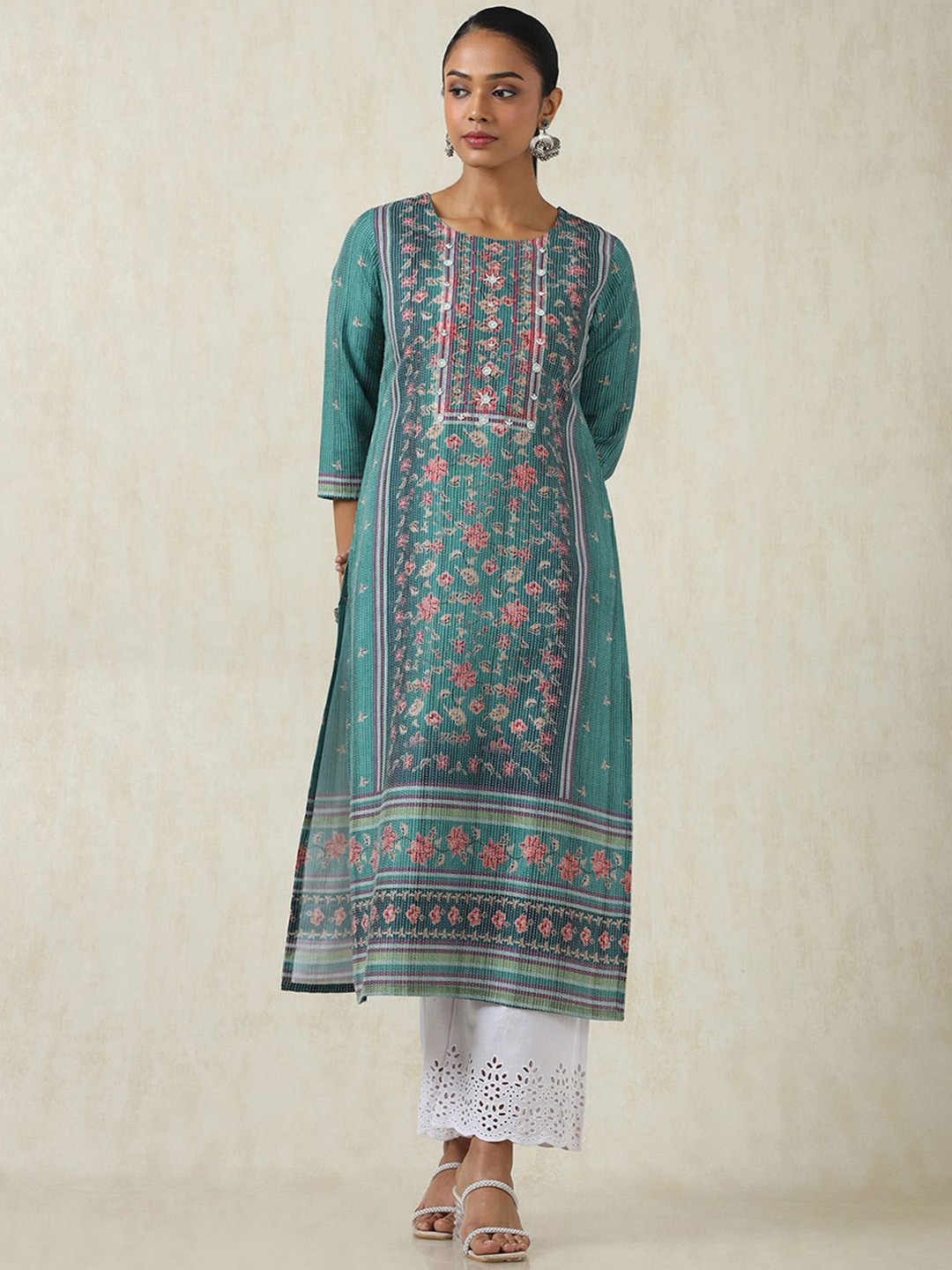 

Soch Floral Printed Round Neck Straight Kurta, Teal