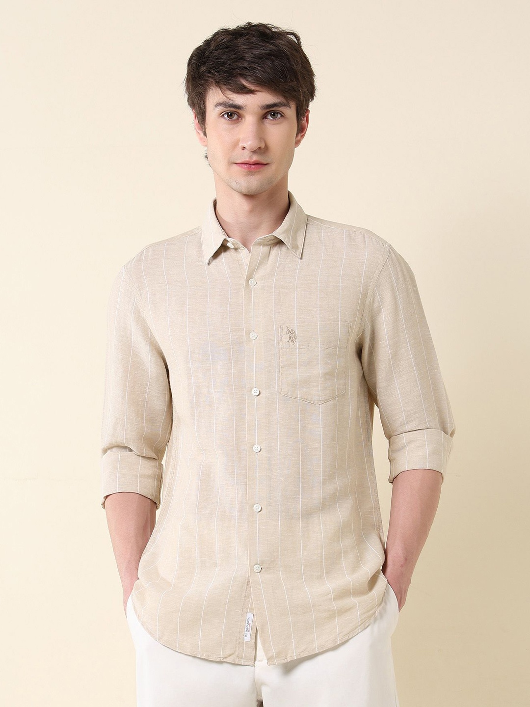 

U.S. Polo Assn. Men Classic Tailored Fit Vertical Striped Cotton Casual Shirt, Beige
