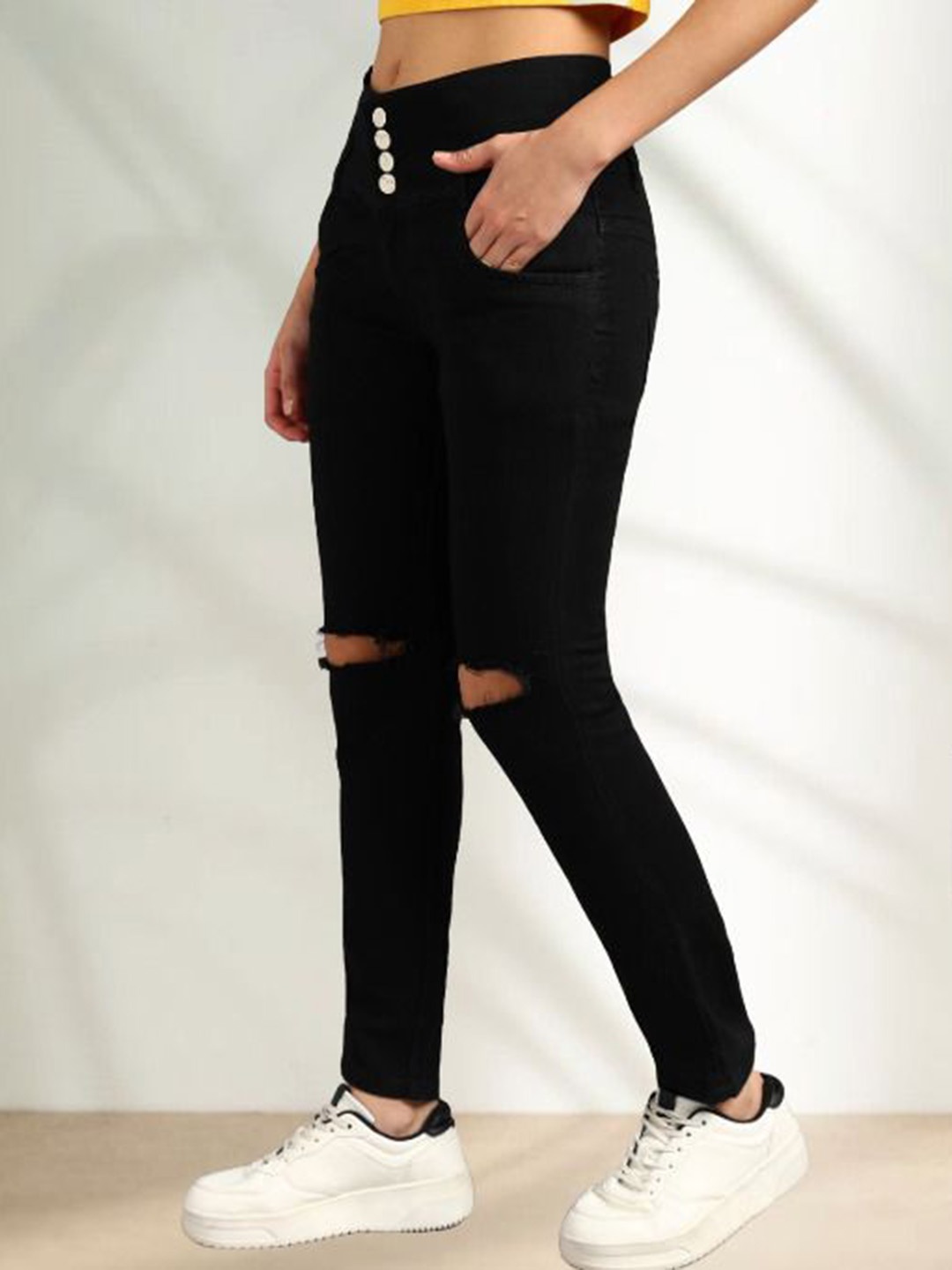 

LINARIA Women Classic Slim Fit Slash Knee Cotton Jeans, Black