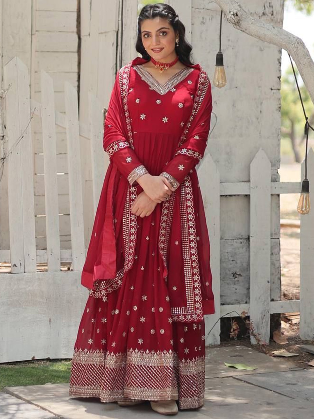 

ZIBLON Embroidered V Neck Ethnic Dresses With Dupatta, Red