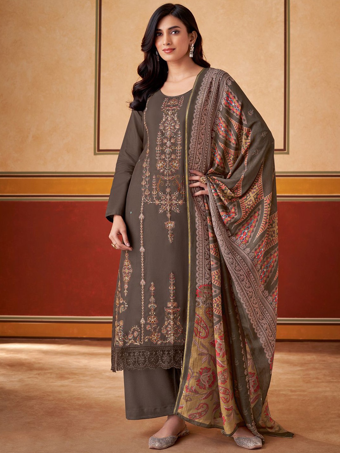 

Stylee LIFESTYLE Embroidered Pure Silk Unstitched Dress Material, Brown
