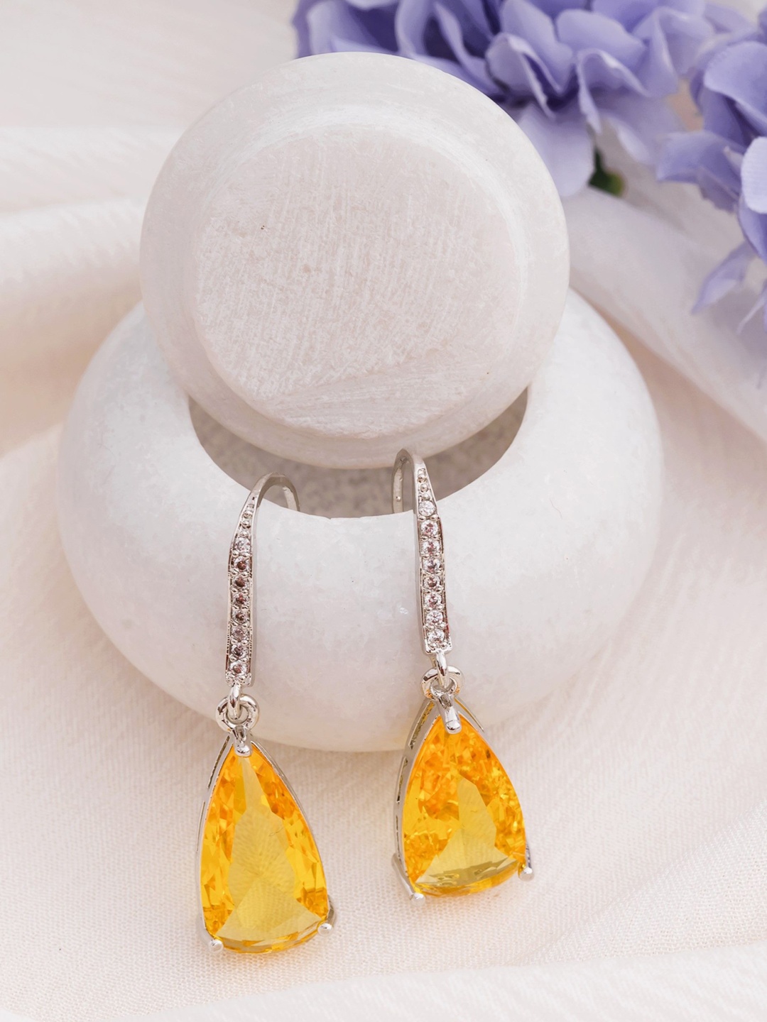 

Manikya Rhodium-Plated American Diamond Studded Teardrop Shaped Drop Earrings, Yellow