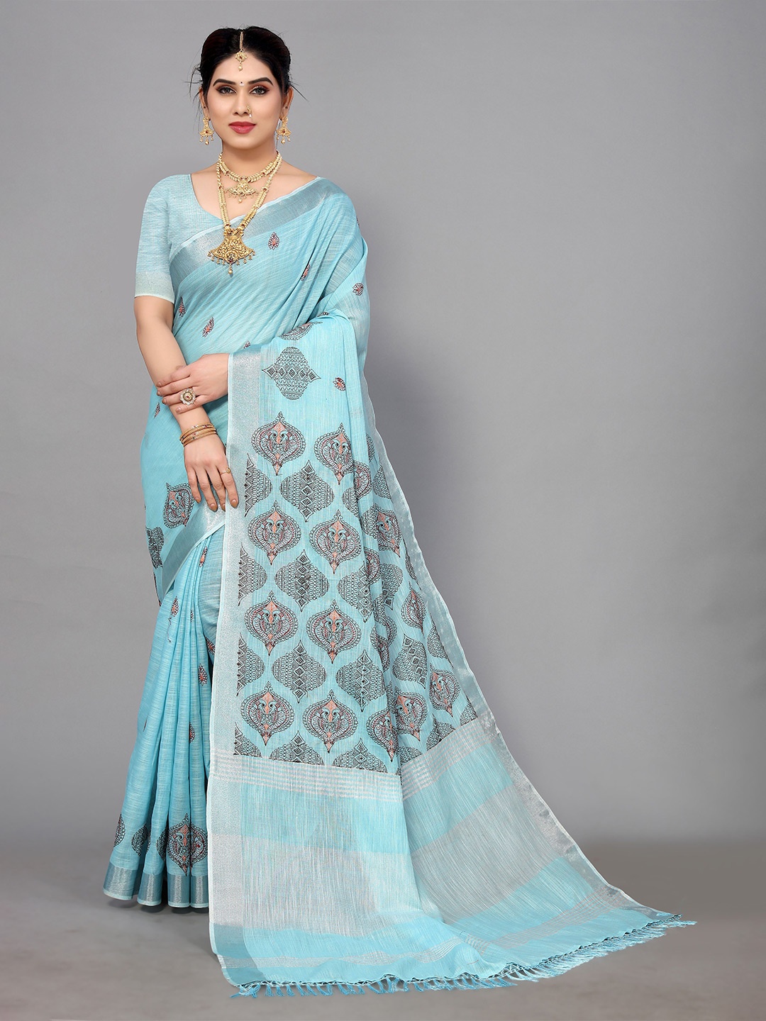 

VIRENDRA TEXTILES Woven Design Zari Saree, Turquoise blue