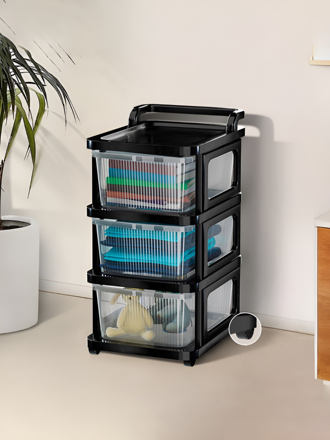

Kuber Industries Transparent & Black 3 Layer Modular Storage Drawer