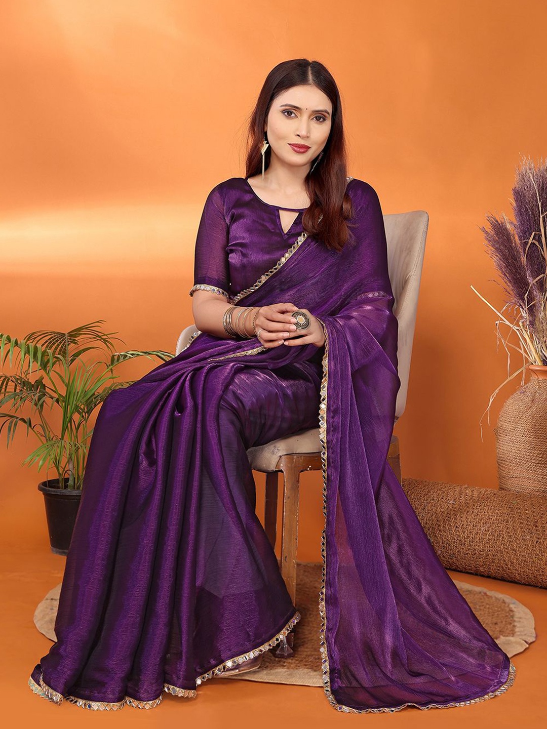 

FABMORA Embellished Mirror Work Saree, Purple