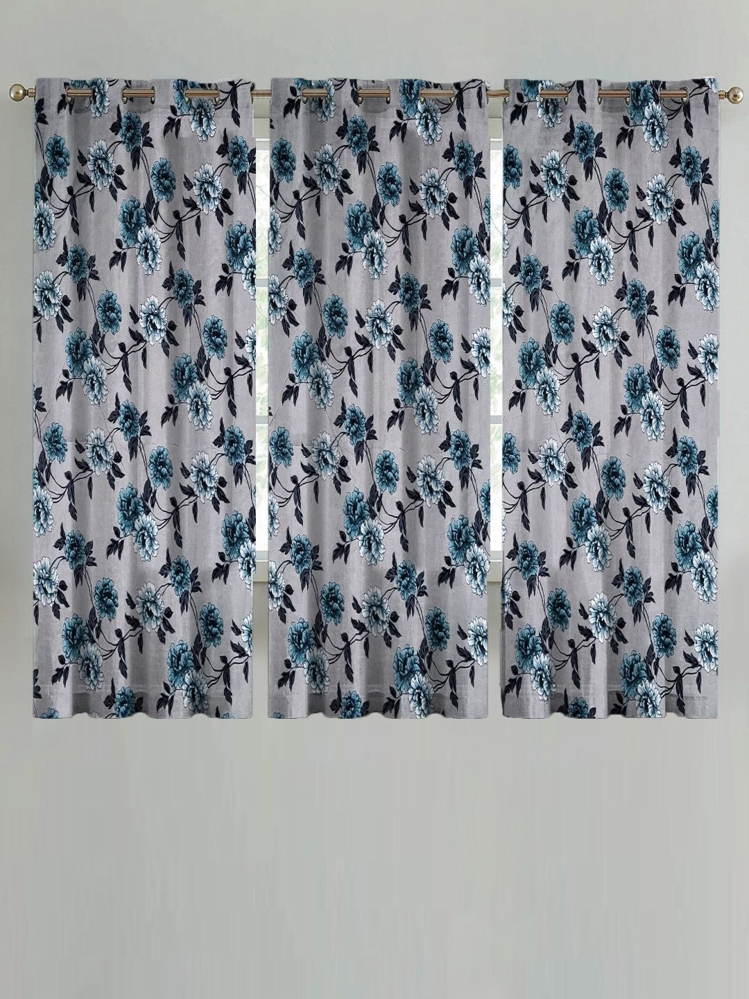 

ANA Grey & Blue 3 Pieces Floral Printed Room Darkening Cotton Window Curtains