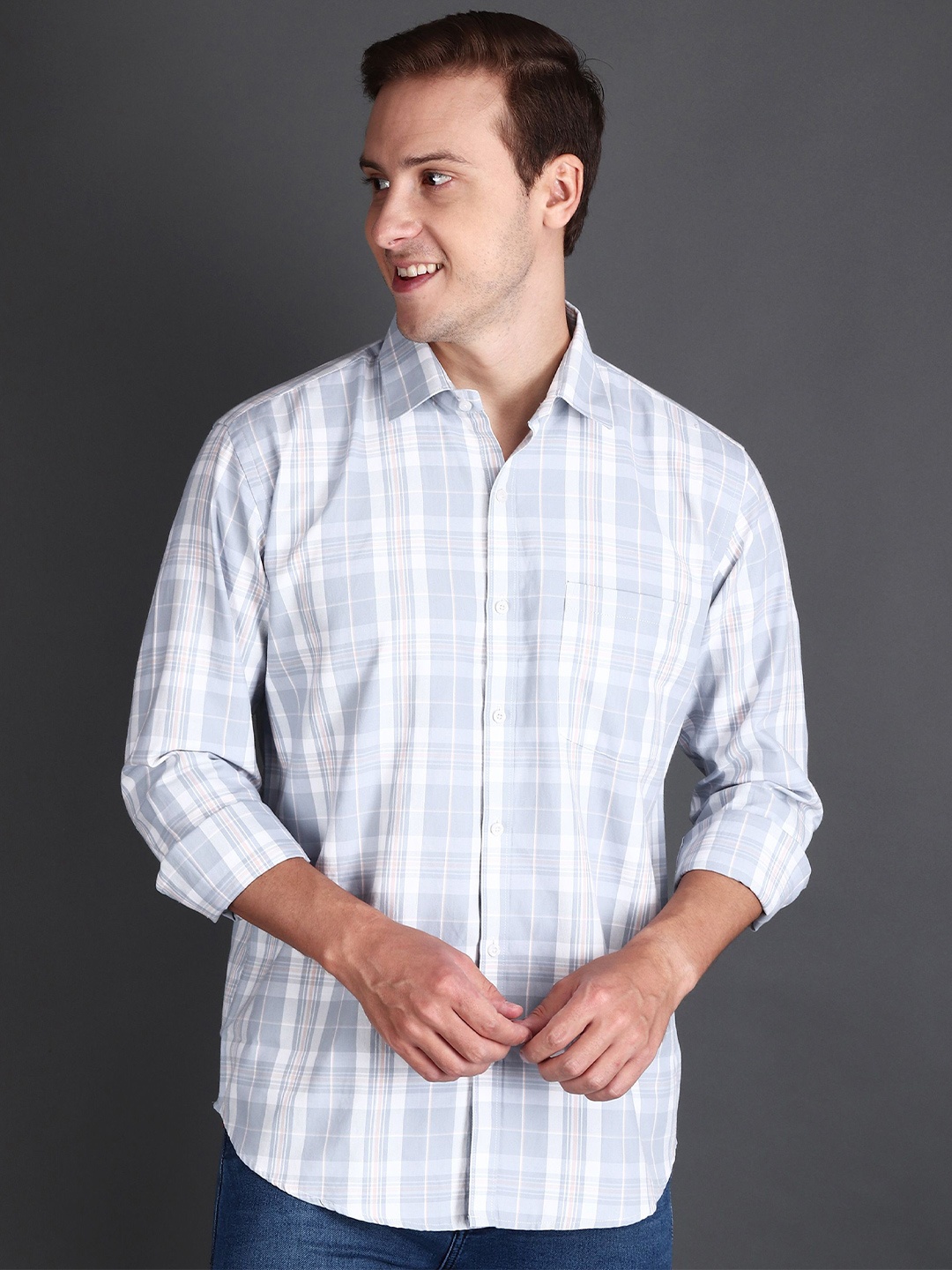 

APPEL TOUCH Men Comfort Tailored Fit Tartan Checks Opaque Checked Casual Shirt, Grey melange