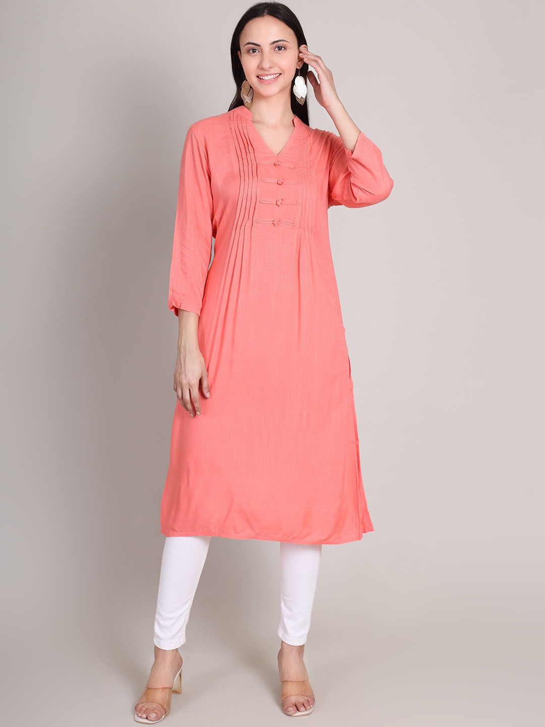 

DELIS Pleated Mandarin Collar A-Line Kurta, Peach