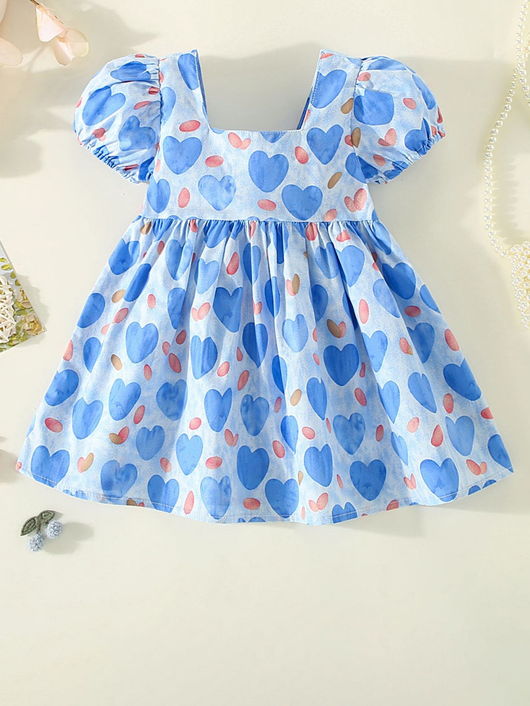 

LULU & SKY Girls Printed Square Neck Puff Sleeves Fit & Flare Dress, Blue
