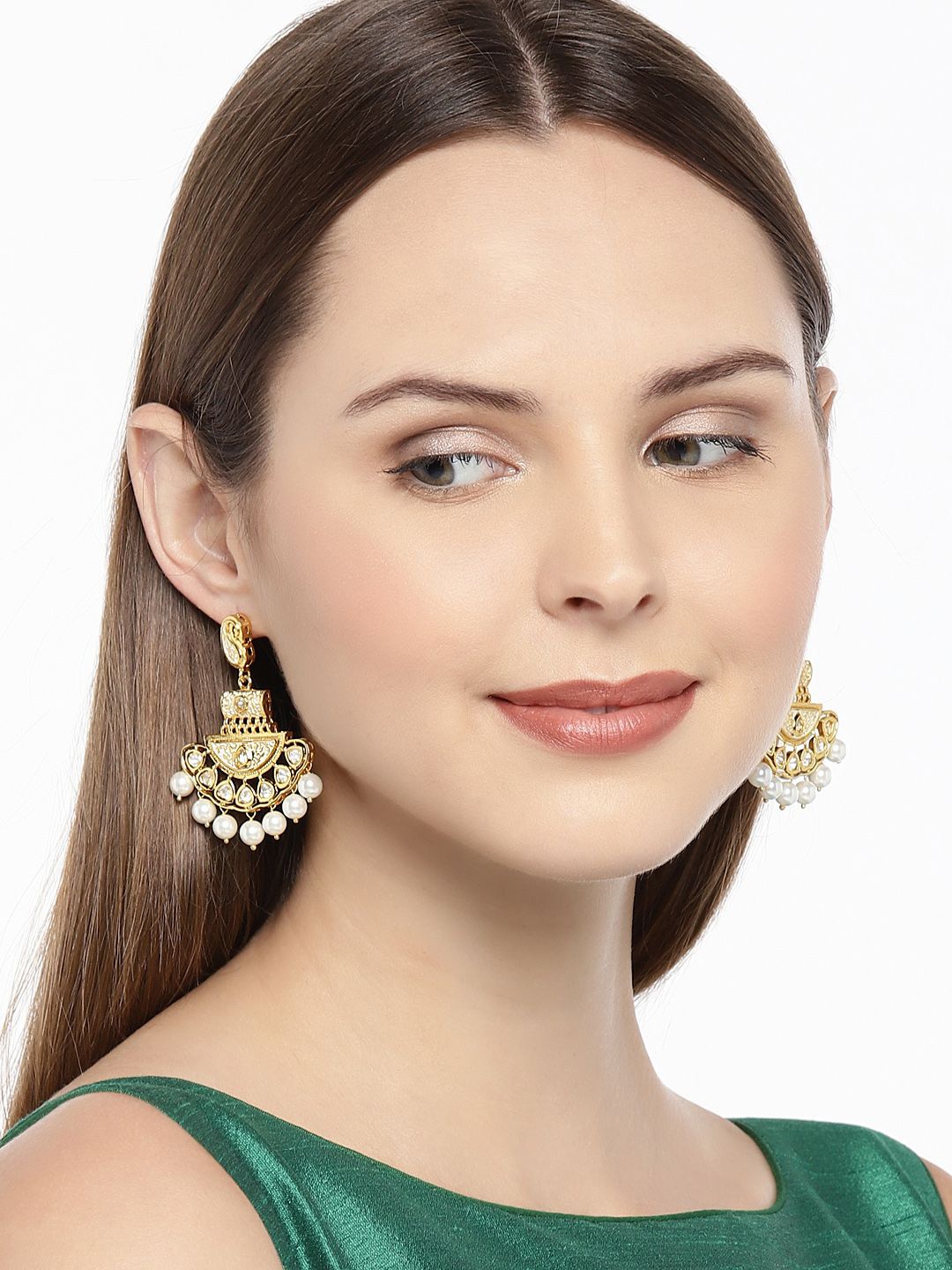 

House of Pataudi Gold-Plated Kundan Studded & Pearls Beaded Contemporary Drop Earrings