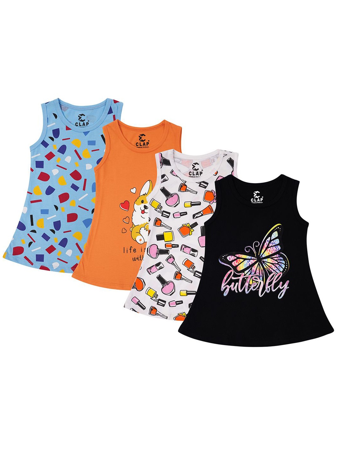 

CLAP Girls Pack Of 4 Printed Cotton A-Line Dress, Multi