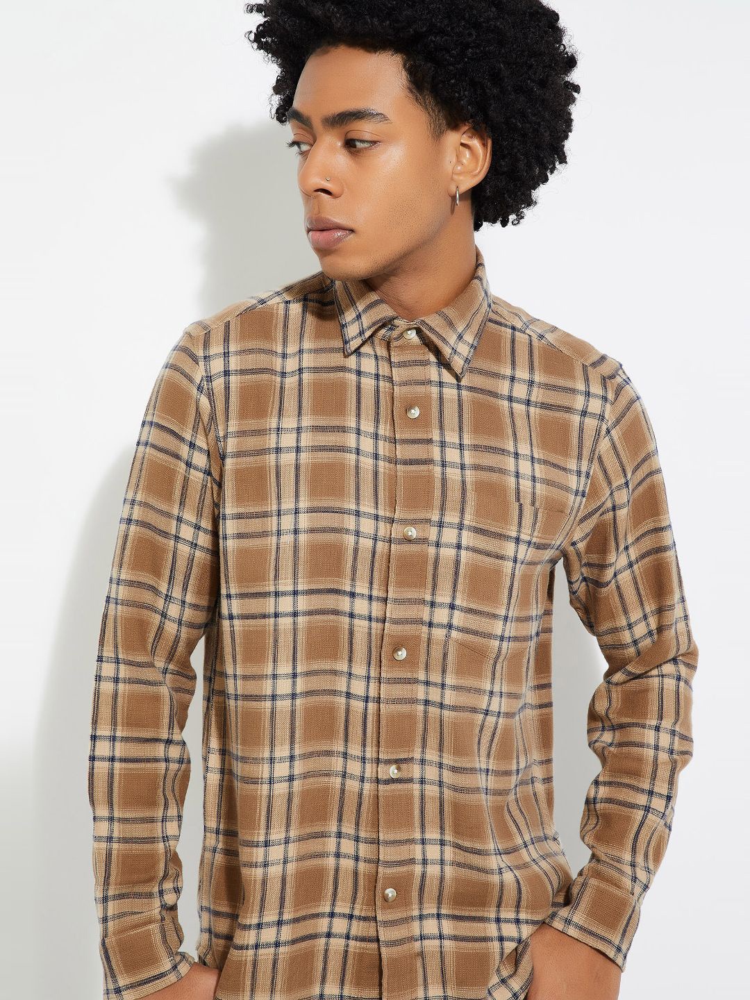 

max Men Spread Collar Tartan Checked Cotton Casual Shirt, Brown