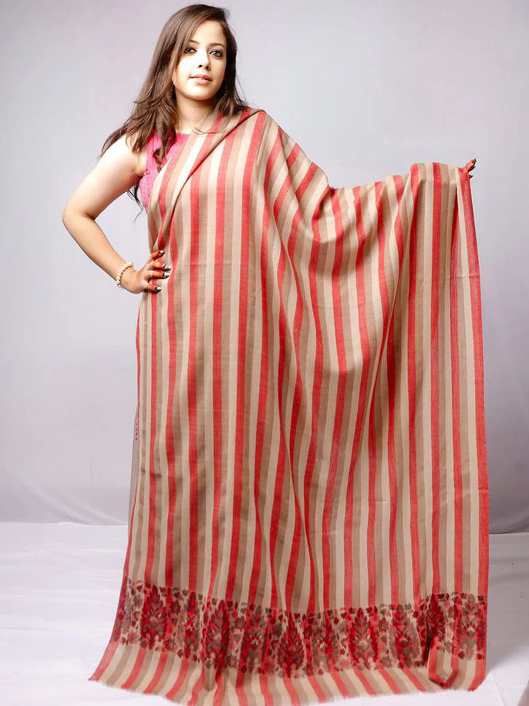 

THE SHAWL STUDIO Vertical Striped Woolen Printed Shawl, Red