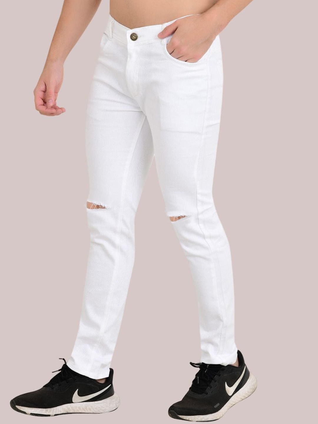 

LINARIA Men Classic Slim Fit Slash Knee Jeans, White