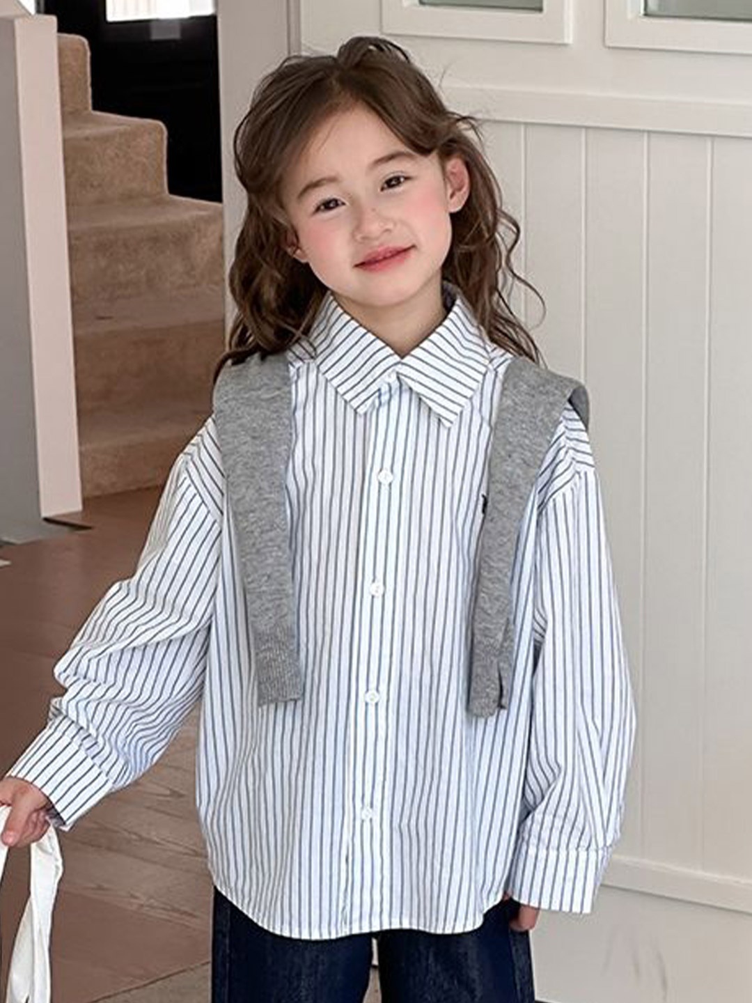

LULU & SKY Girls Relaxed Fit Spread Collar Vertical Striped Cotton Casual Shirt, White