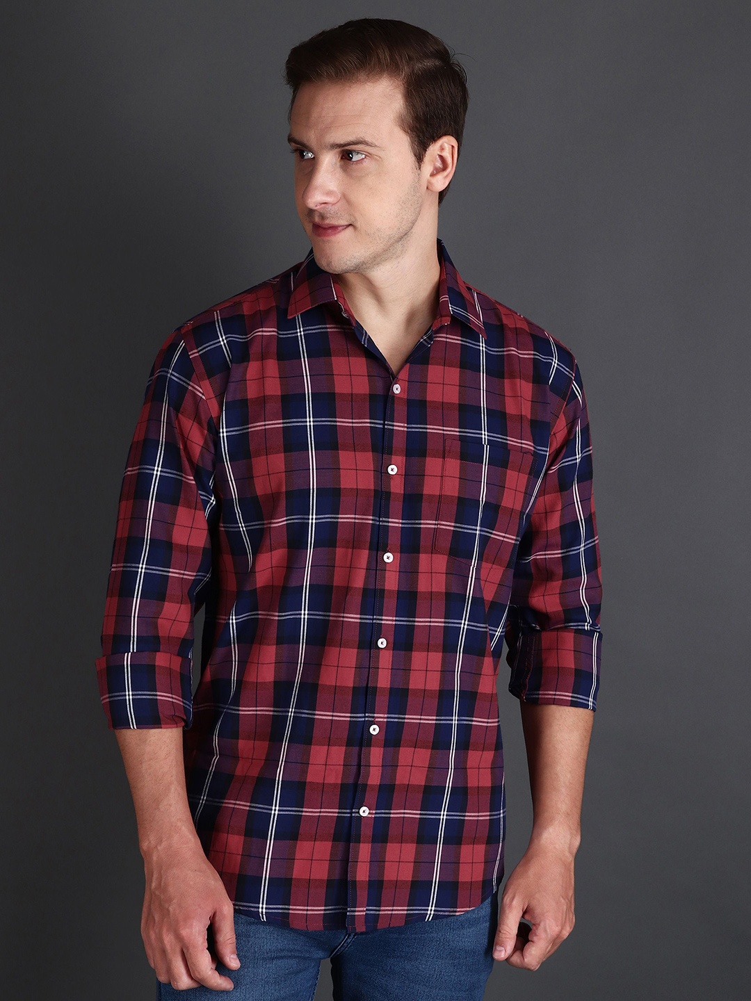 

APPEL TOUCH Men Comfort Tailored Fit Tartan Checks Opaque Checked Casual Shirt, Maroon