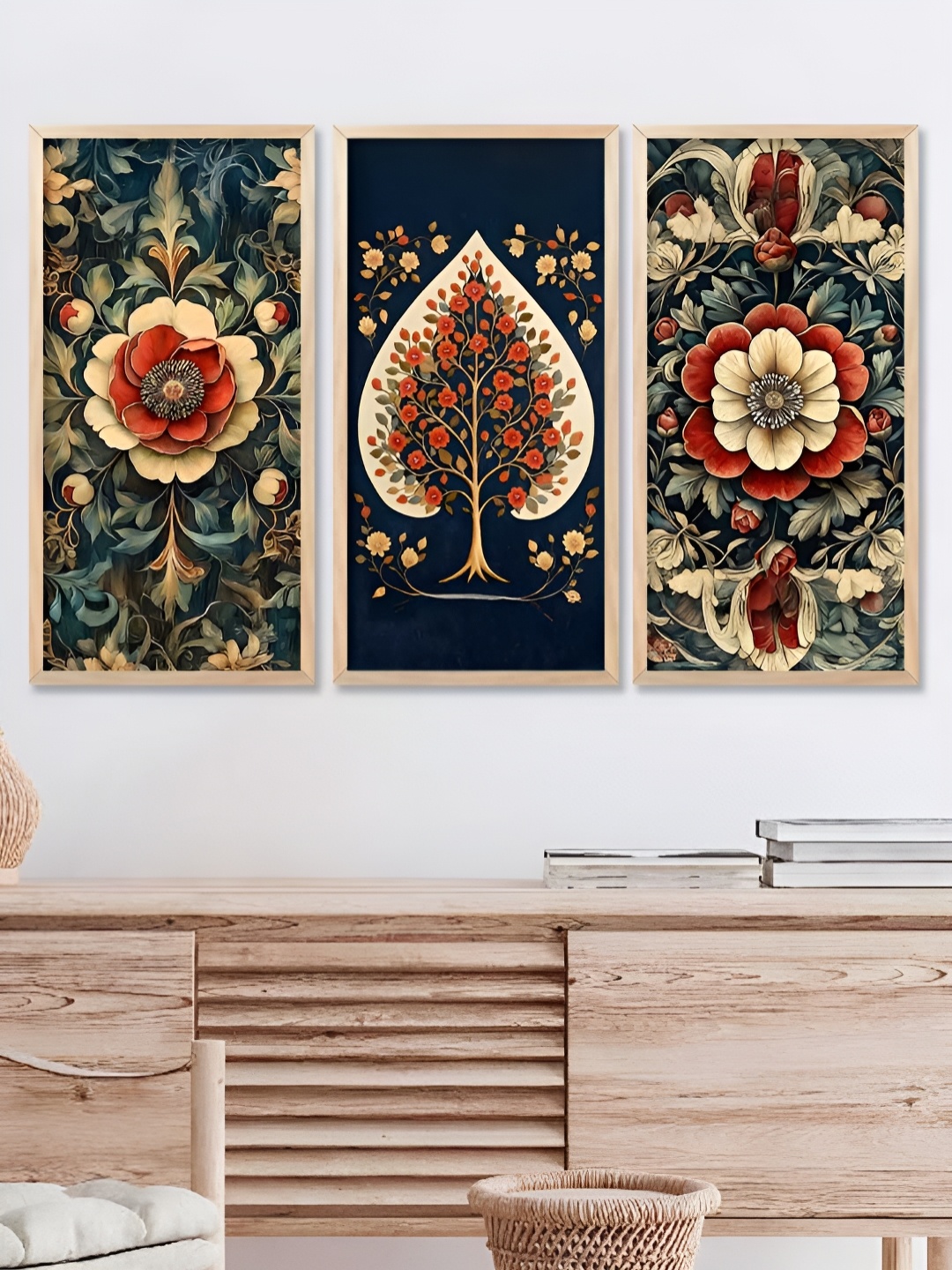 

Kotart Teal & Red 3 Pieces Floral and Botanical Wooden Wall Paintings