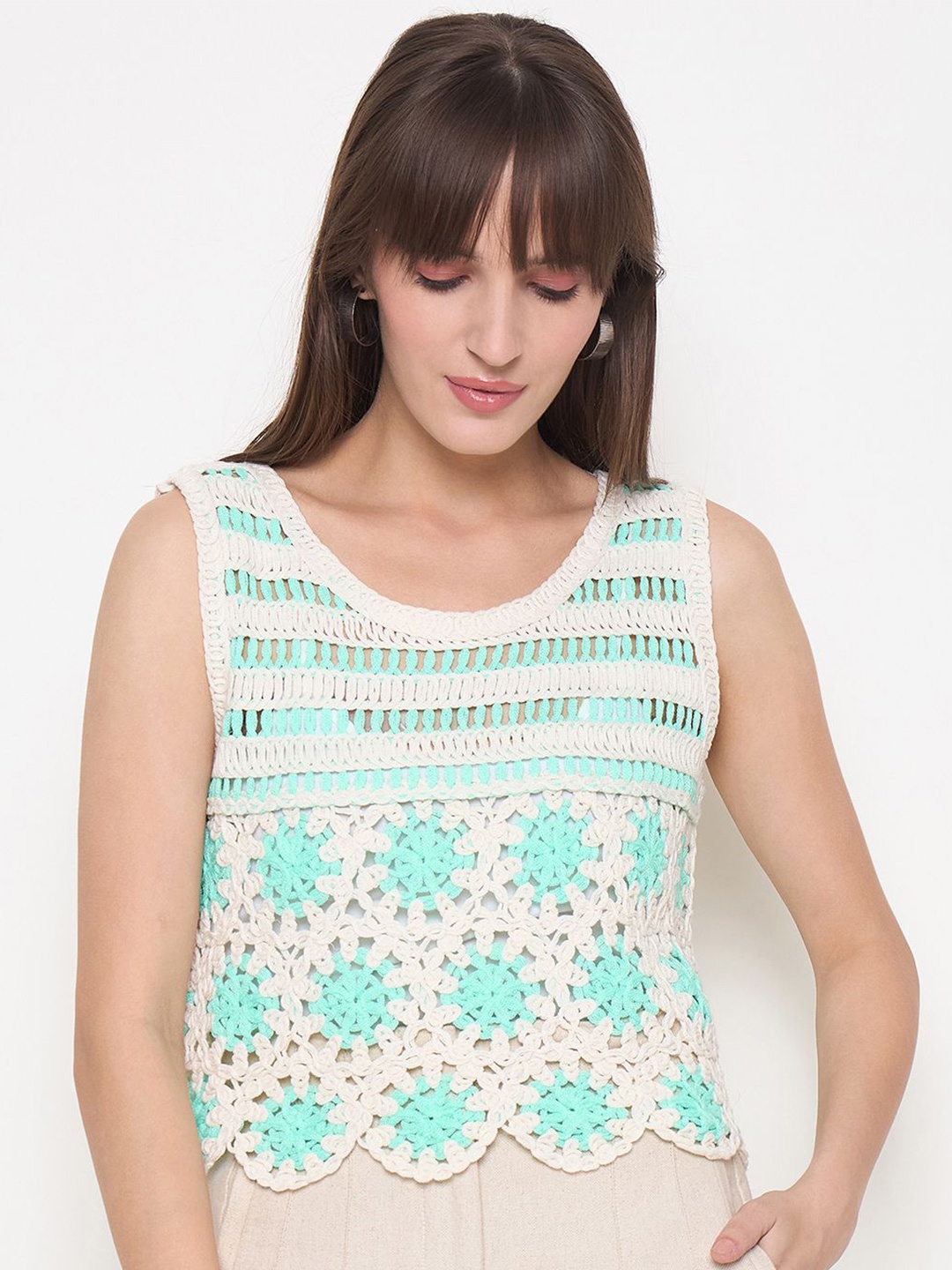 

Madame Women Self Design Round Neck Tank Top, Green