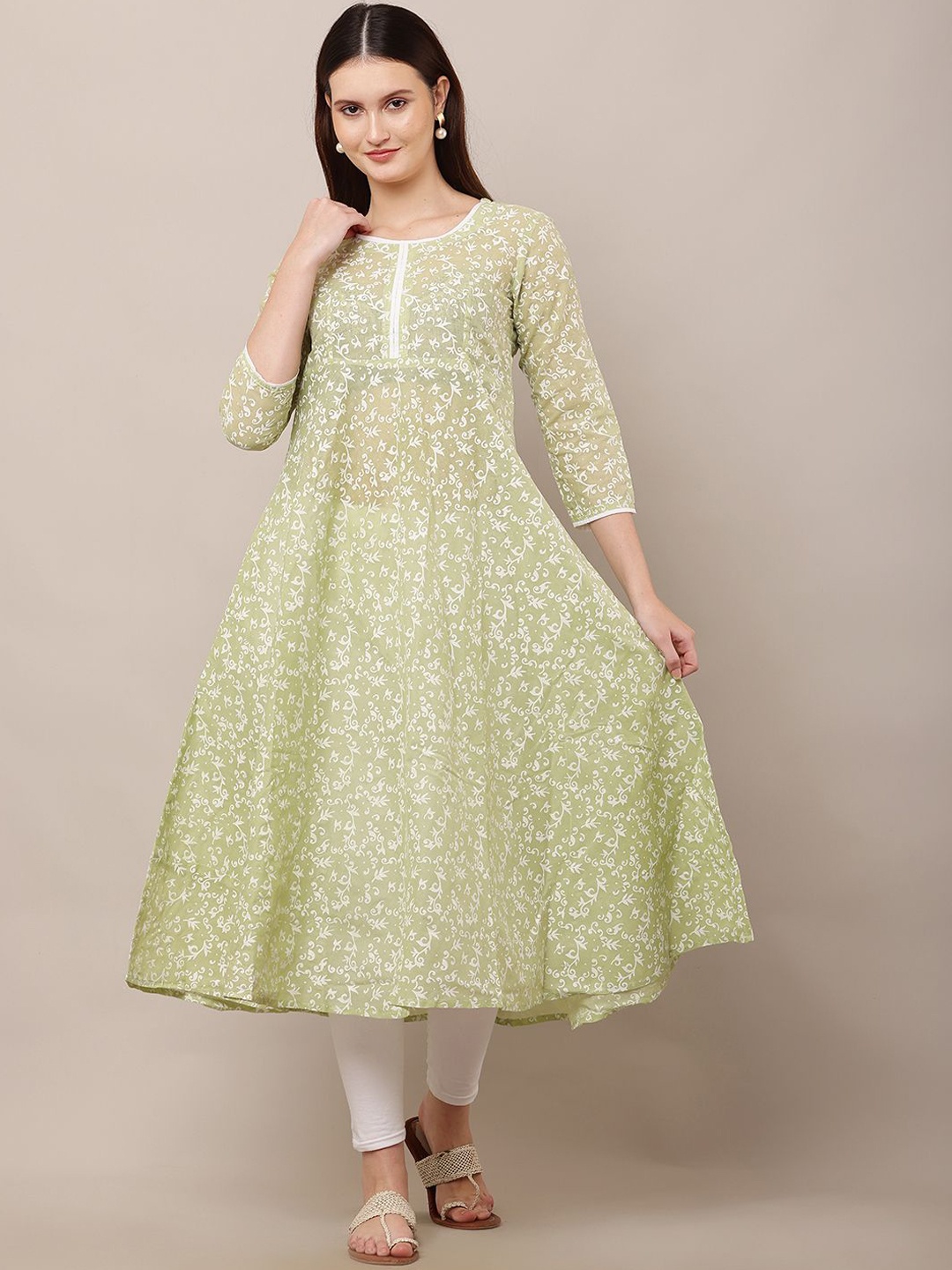 

DEGE Floral Printed Pleated Round Neck Pure Cotton Anarkali Kurta, Lime green