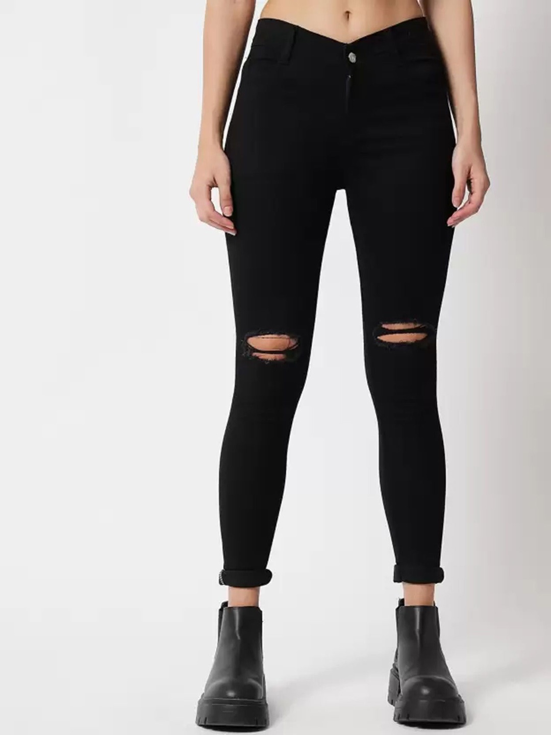 

LINARIA Women Classic Slim Fit Slash Knee Dark Shade No Fade Jeans, Black