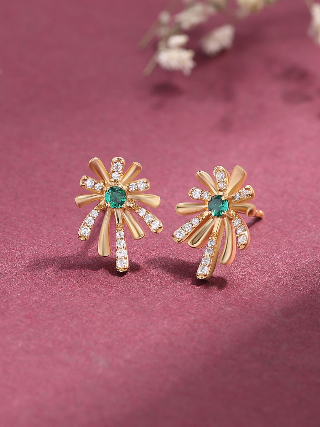 

Ornate Jewels 925 Silver 18K Gold Plated Green Emerald Flower Stud Earring