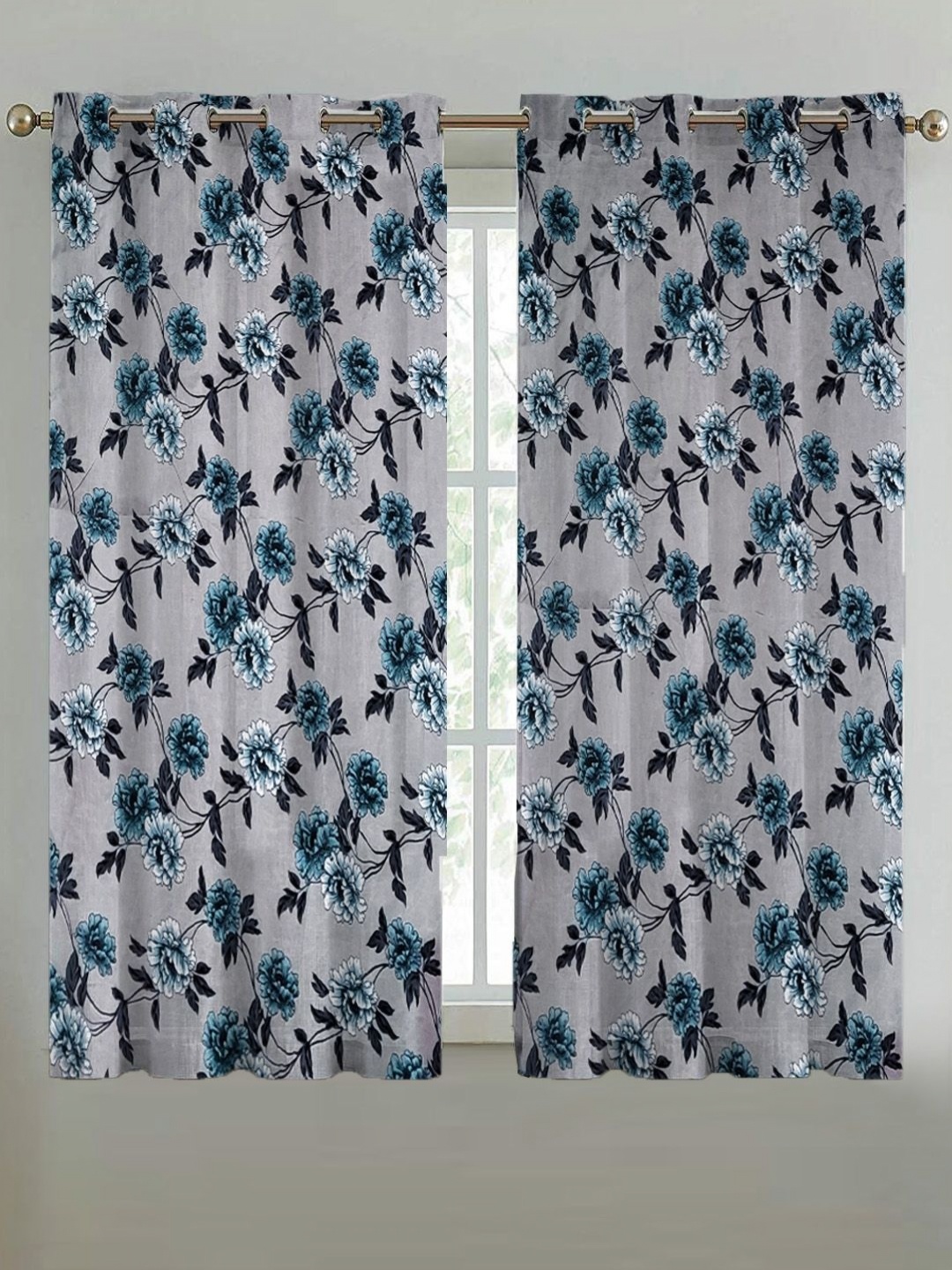 

ANA Grey & Blue 2 Pieces Floral Printed Room Darkening Cotton Window Curtains
