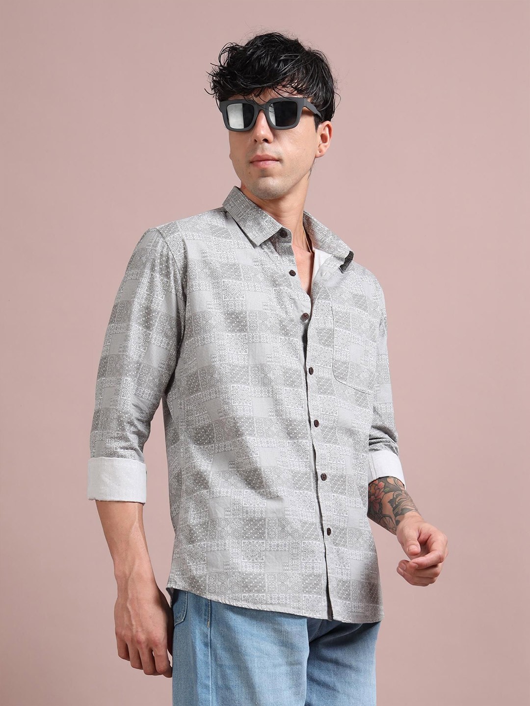 

RIGS AND RAGS Men Classic Fit Spread Collar Ethnic Motifs Printed Cotton Casual Shirt, Grey