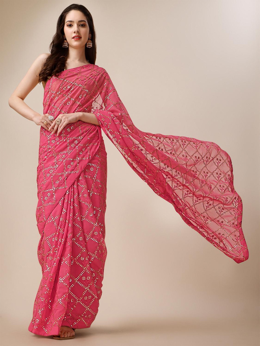 

THE52 Embellished Sequinned Georgette Saree, Pink