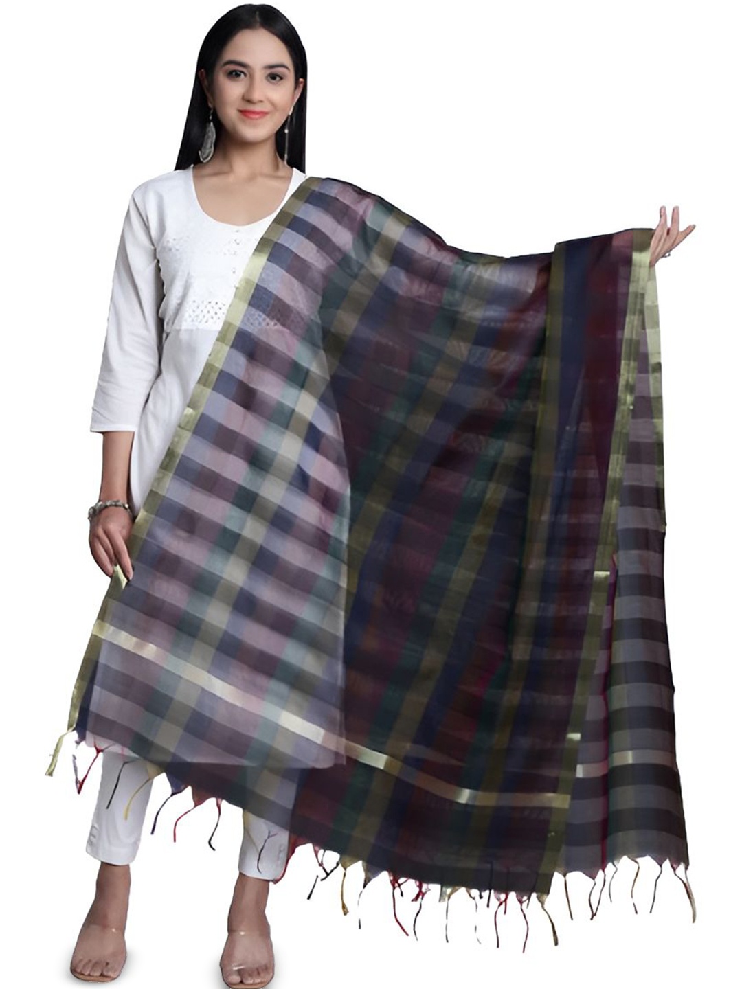 

LOOM LEGACY Striped Art Silk Dupatta, Navy blue