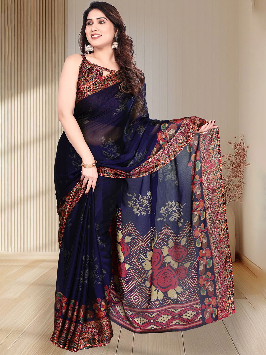 

SUPERLAXMI Floral Printed Pure Chiffon Saree, Navy blue