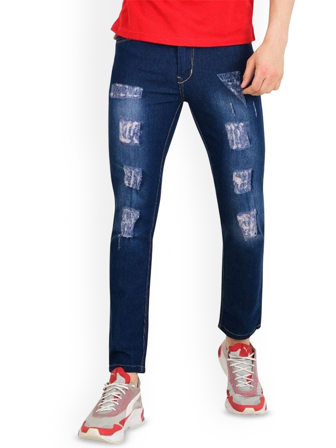 

LINARIA Men Cotton Classic Tapered Fit Mid-RiseHighly Distressed Light Fade Jeans, Blue