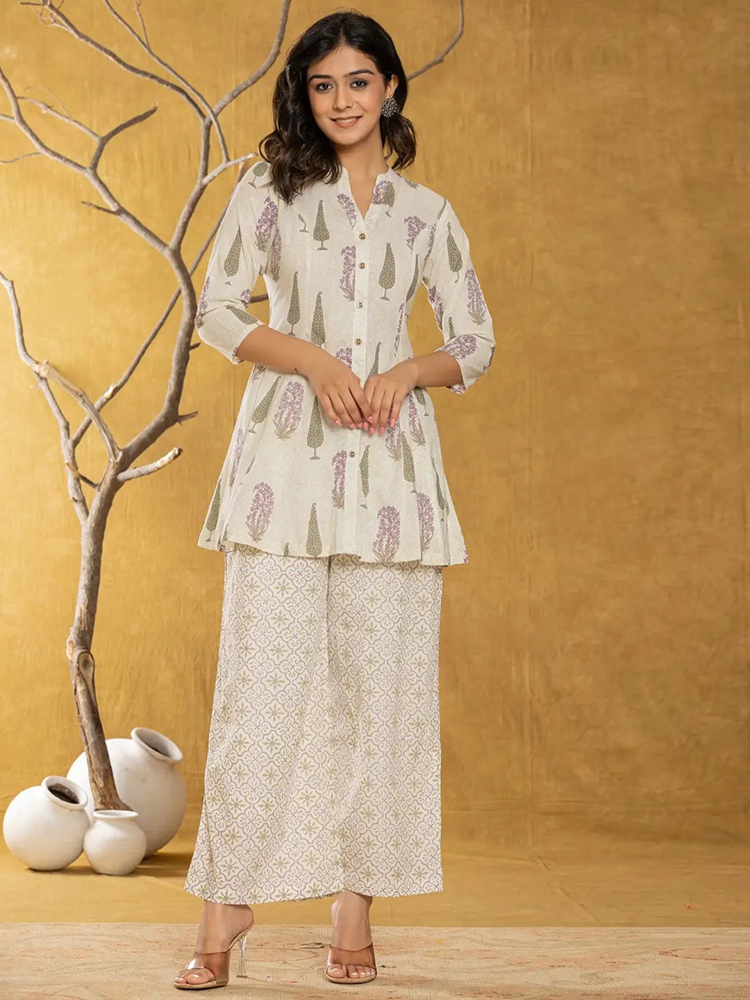 

MissKurti Ethnic Motifs Printed Pure Cotton Mandarin Collar Tunic With Trousers, Cream