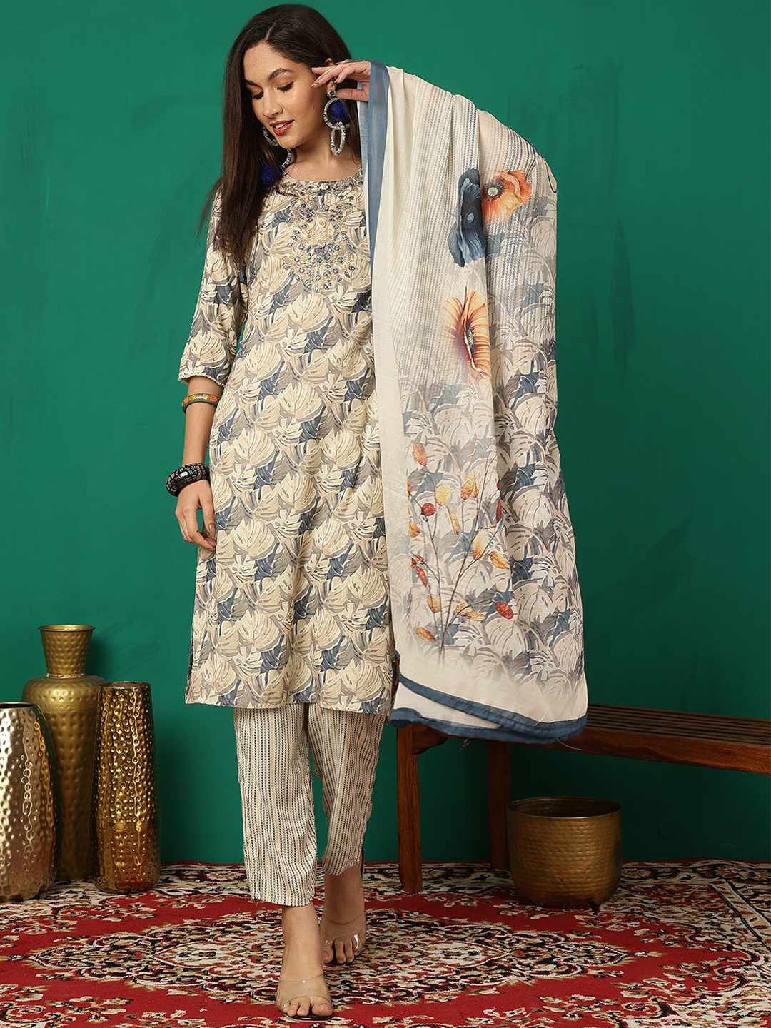 

Sangria Yoke Embroidered Round Neck Straight Kurta With Trouser & Dupatta, Blue