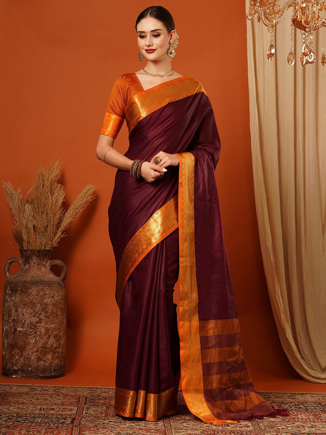 

yourwish Zari Mysore Silk Saree, Brown
