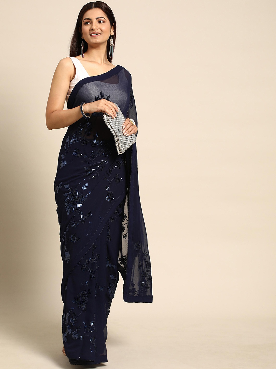 

THE52 Embellished Floral Sequined Saree, Blue