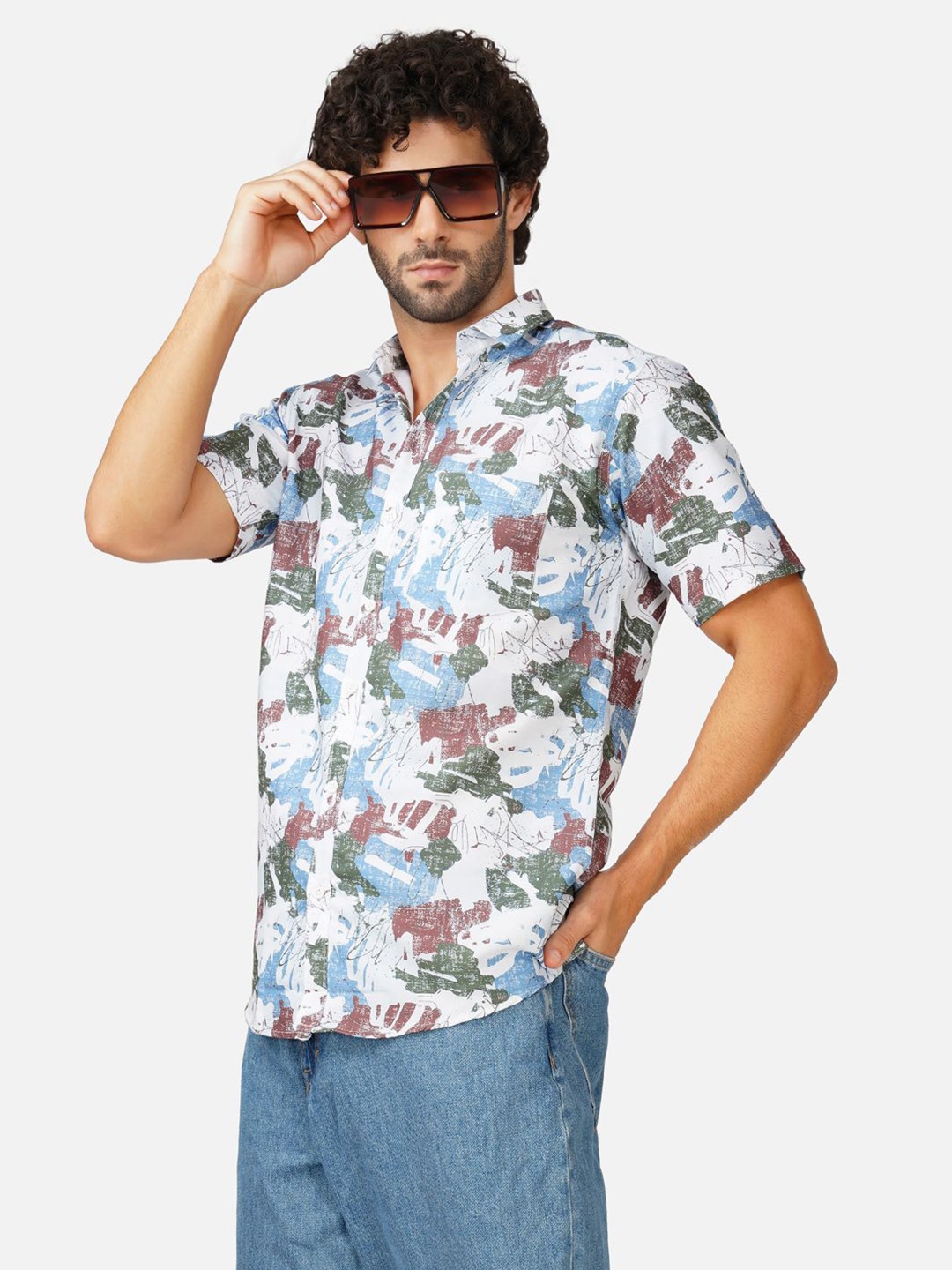 

BASE 41 Men Spread Collar Abstract Printed Casual Shirt, White