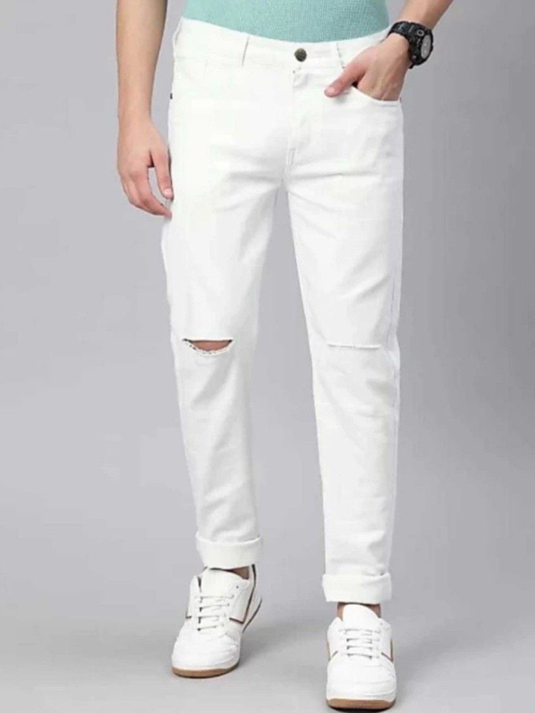 

LINARIA Men Classic Slim Fit Slash Knee Mid-Rise Jeans, White