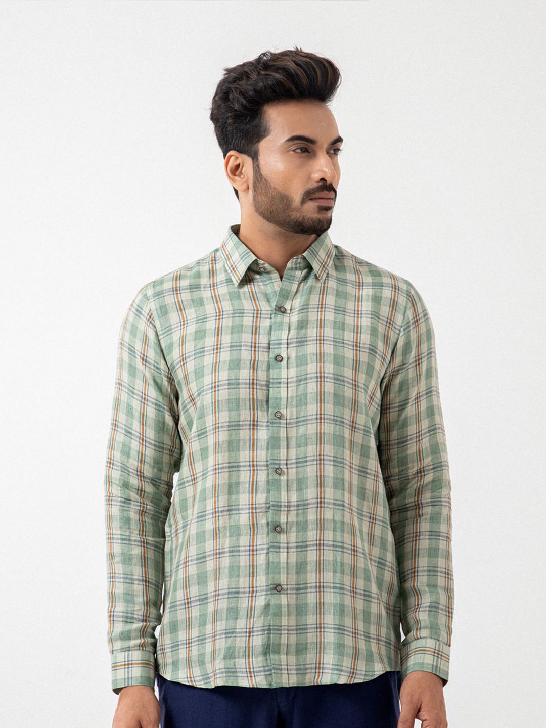 

TRYBEST Men Modern Fit Spread Collar Tartan Checked Cotton Casual Shirt, Sea green
