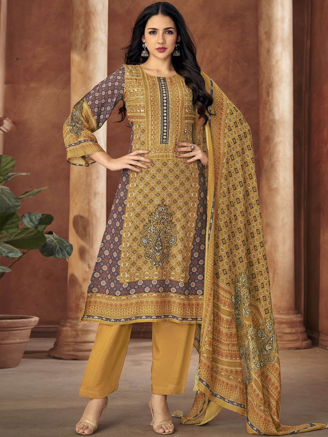 

Stylee LIFESTYLE Floral Printed Pure Silk Unstitched Dress Material, Mustard