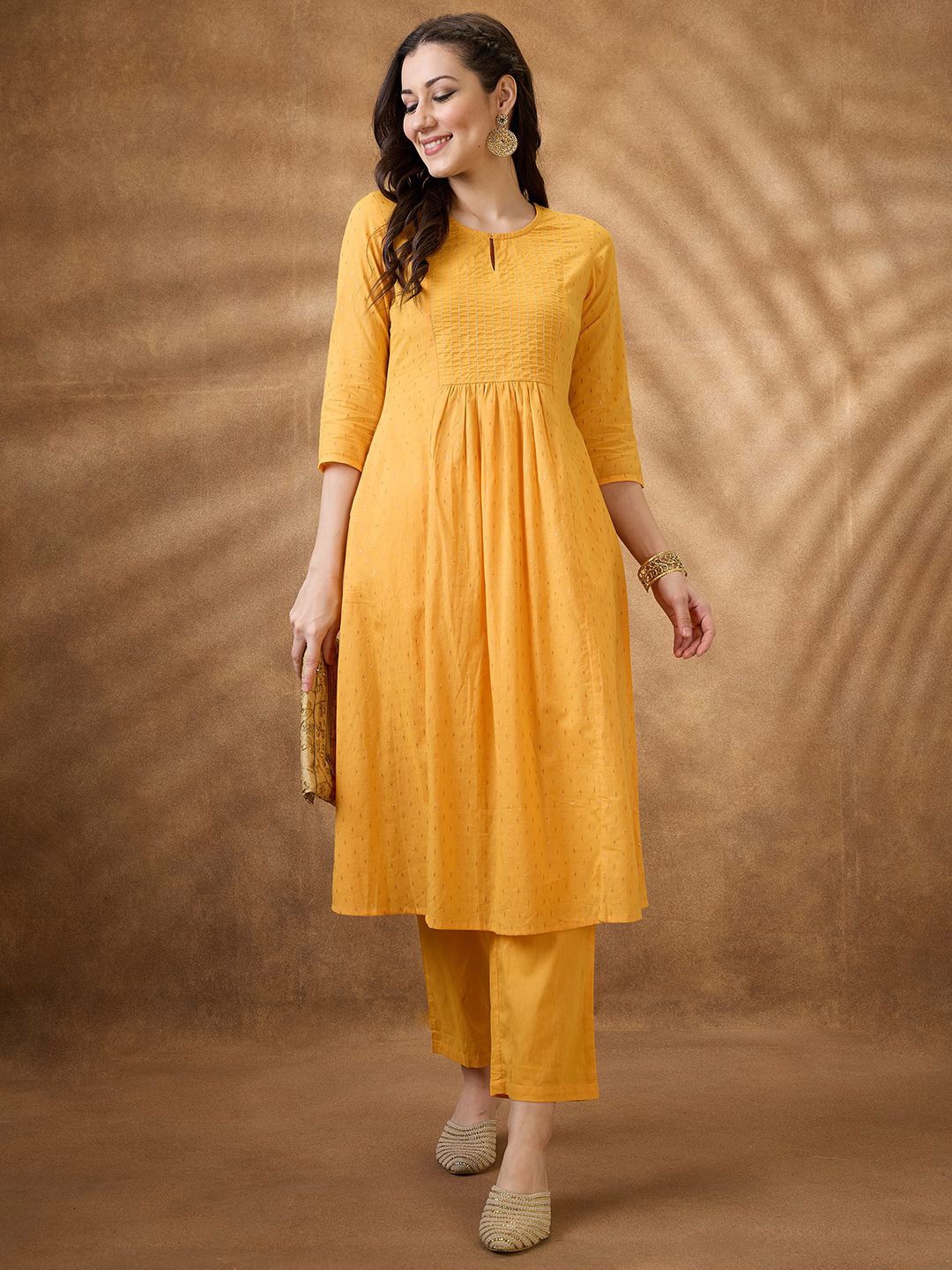 

Globus Ethnic Motifs Woven Desgn Keyhole Neck Pleated A-Line Kurta with Trousers, Yellow