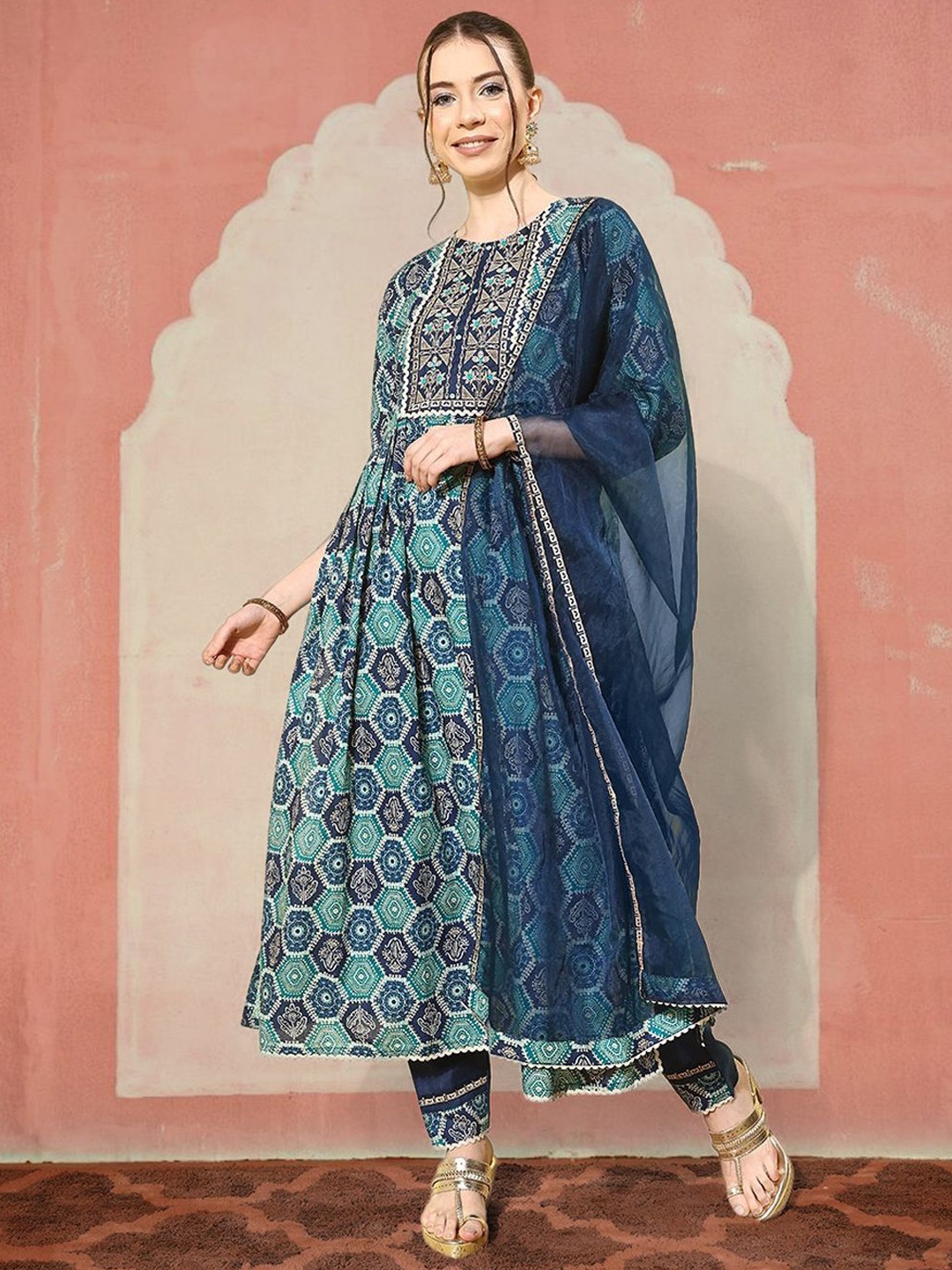 

Anouk Floral Printed Zari Work Anarkali Kurta With Trousers & Dupatta, Blue