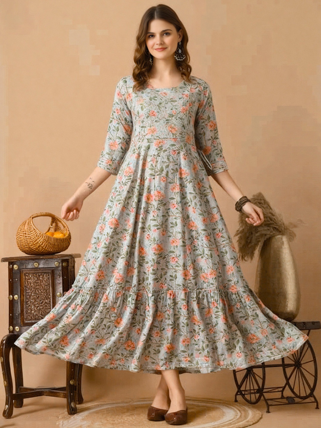 

BAIRAJ Floral Printed Panelled Thread Work Anarkali Kurta, Grey