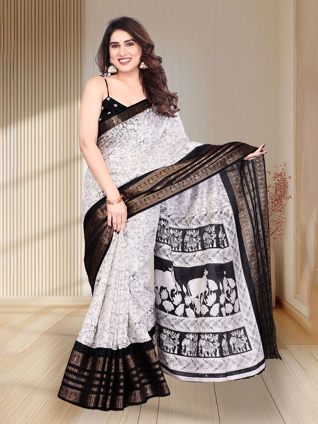 

SUPERLAXMI Ethnic Motifs Printed Woven Design Silk Saree With Unstitched Blouse Piece, Black