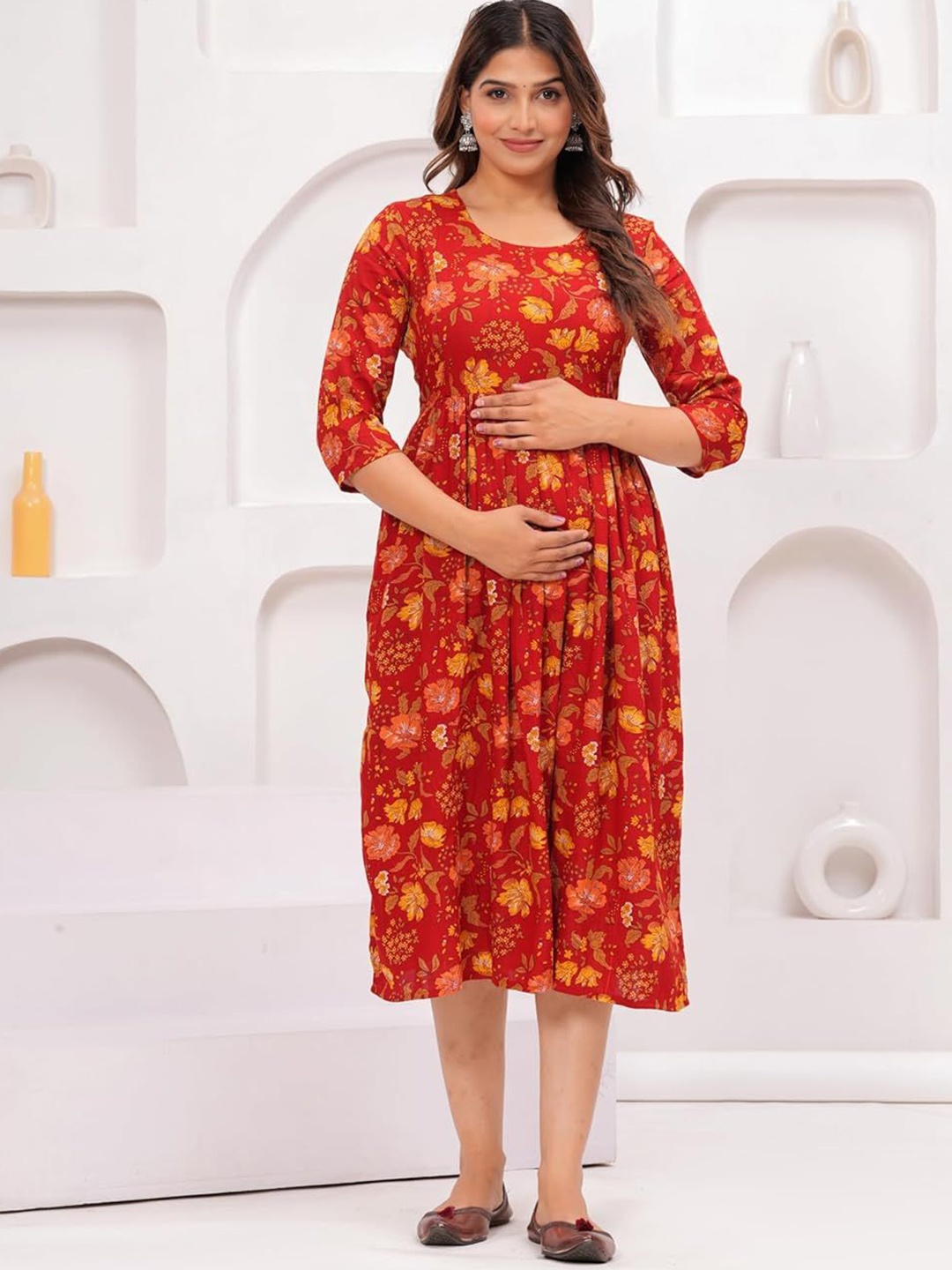 

SILAKIVA Floral Printed Round Neck Maternity Anarkali Ethnic Dress, Red
