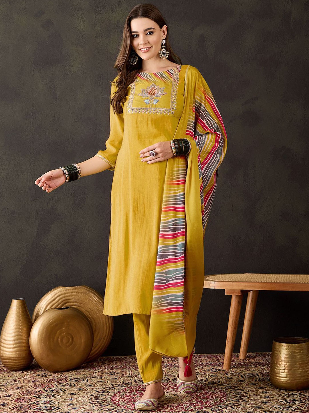 

Anouk Floral Yoke Design Sequinned Straight Kurta With Trousers & Dupatta, Yellow
